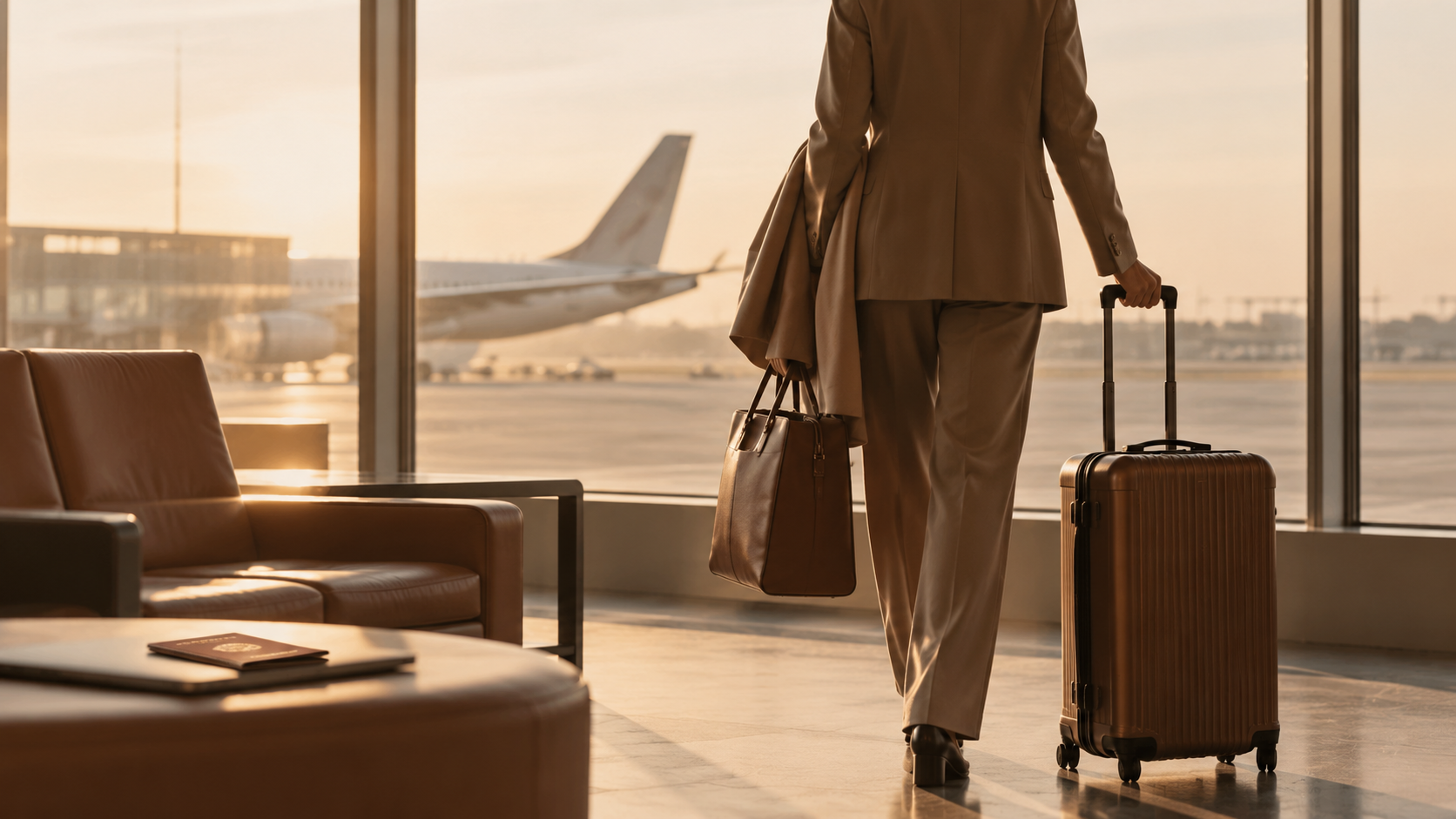 Traveller in a calm airport lounge with an aircraft visible through the window