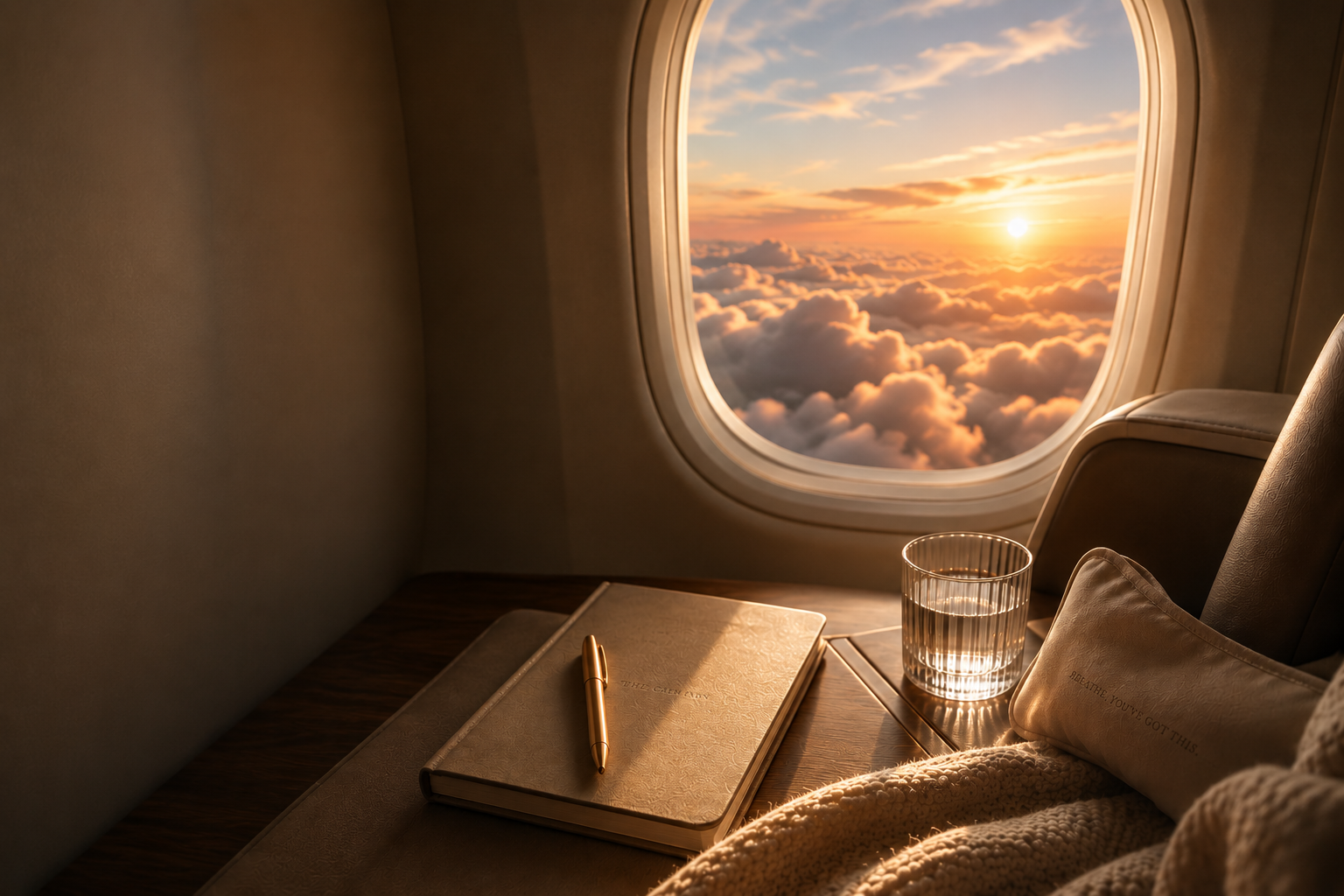 Warm airplane cabin interior at sunset, with a leather seat, journal, blanket and glass by a window above soft clouds