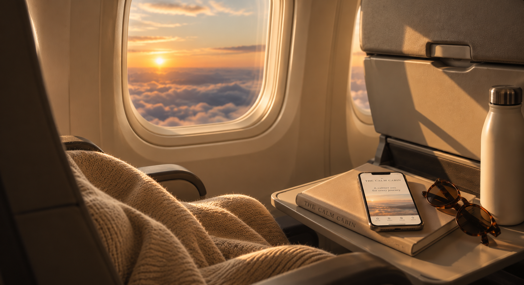 Warm sunlight inside an airplane cabin at sunset